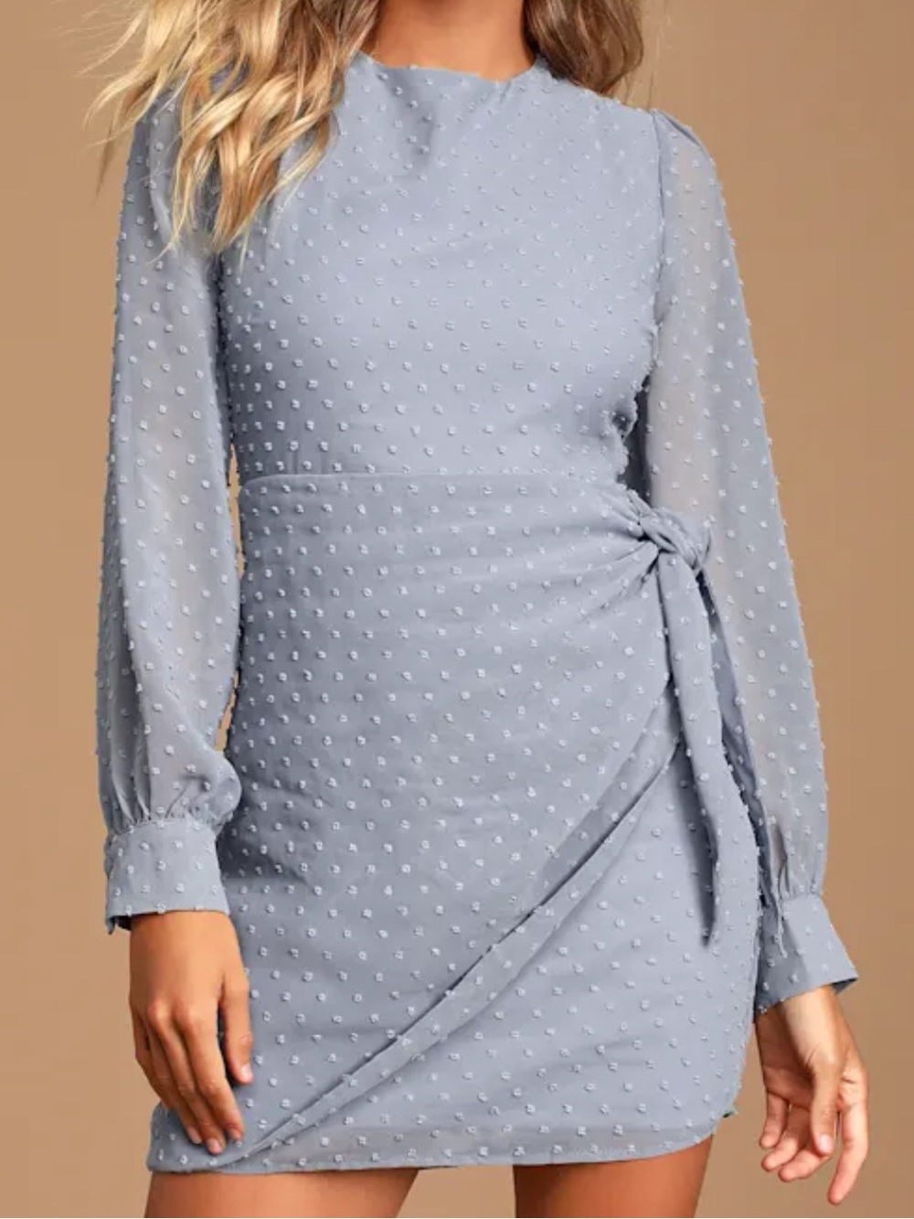 Much Love Light Blue Swiss Dot Long Sleeve Tie-Front Mini Dress